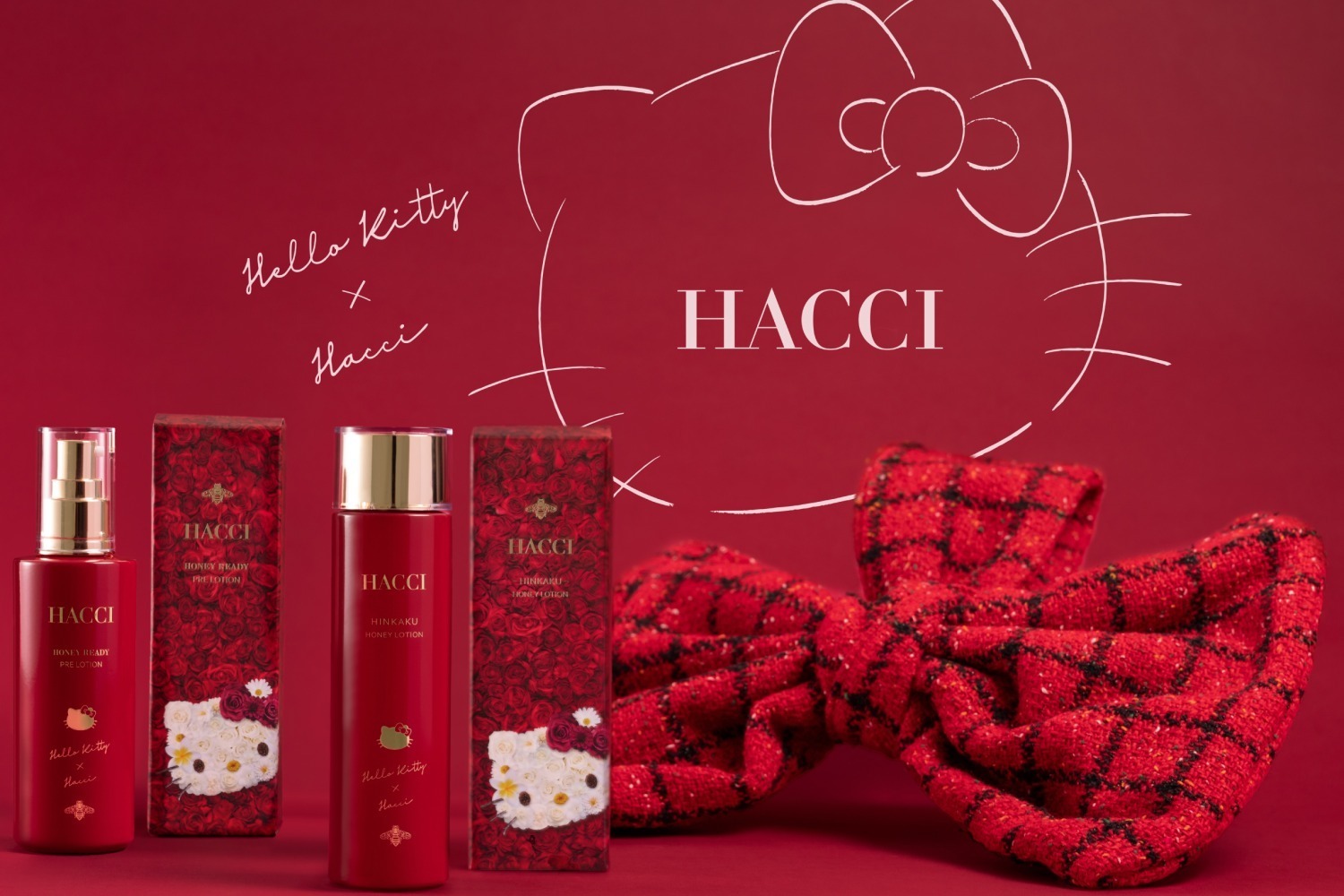 HACCI×ハローキティがコラボ、“リボンクラッチ付き”スキンケアキット
