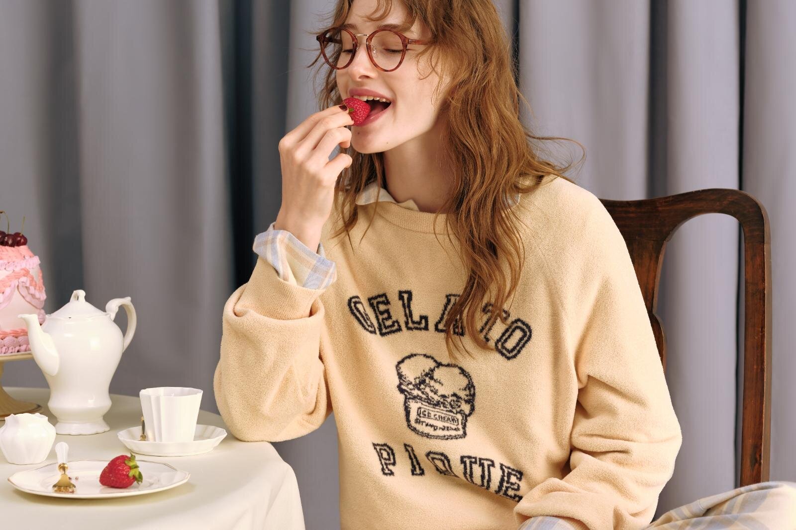 ジェラート ピケの秋ルームウェア、アイスクリーム柄ジャカードニット