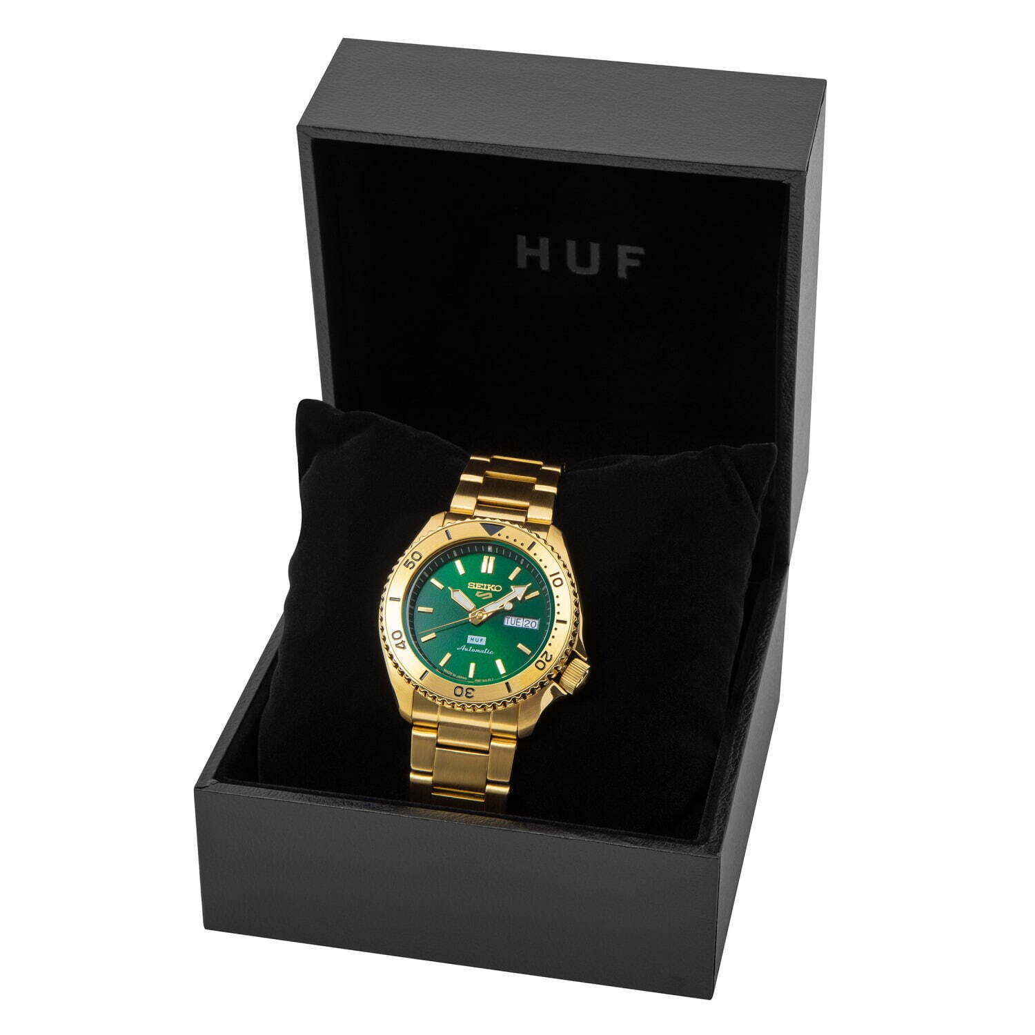 セイコー 5スポーツ×ハフの腕時計、グリーン文字盤×ゴールドブレスの