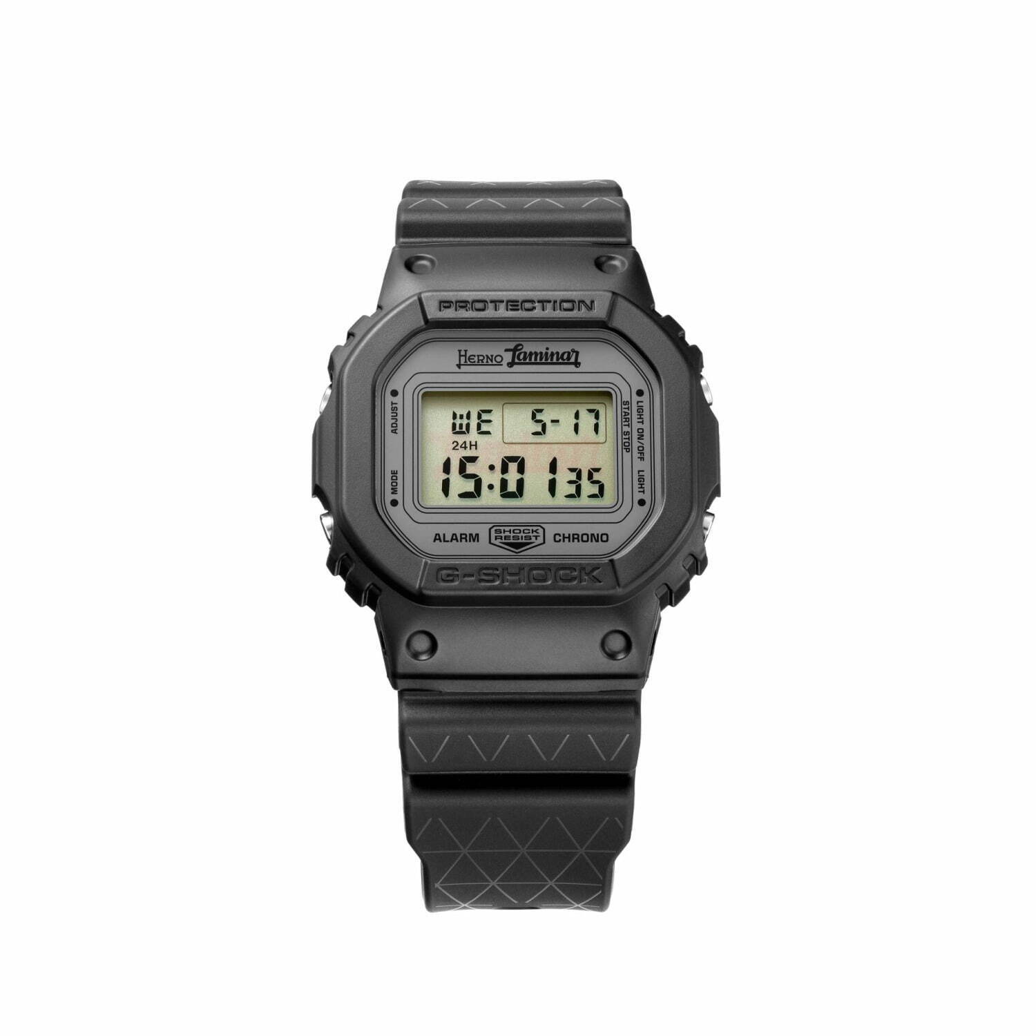 ヘルノ×G-SHOCKのコラボ腕時計、三角格子ラインが浮かび上がるブラック