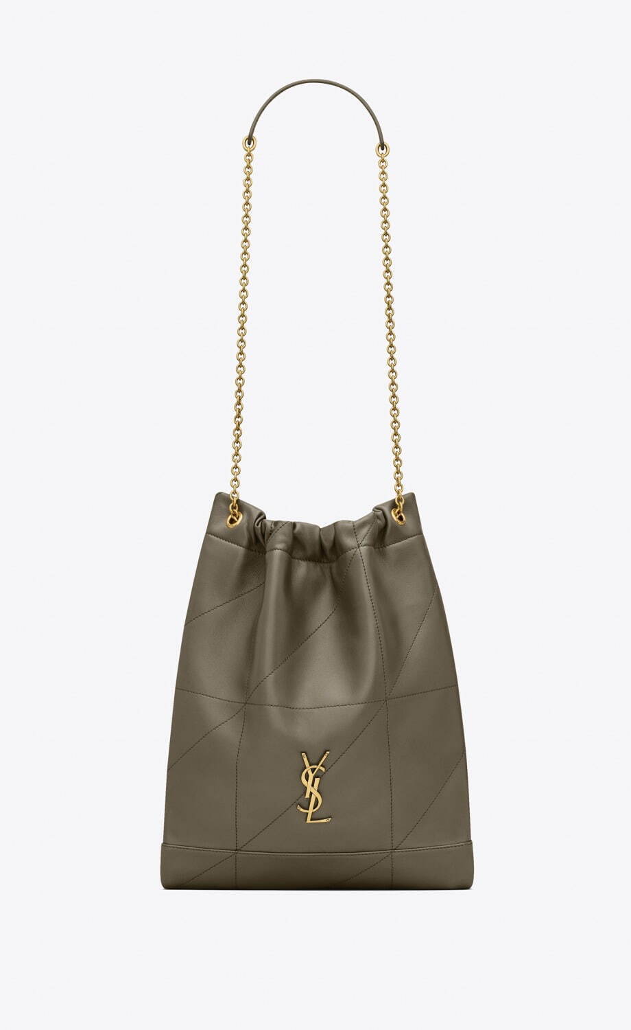 サンローラン“幾何学ステッチ”×チェーンストラップの巾着バッグ