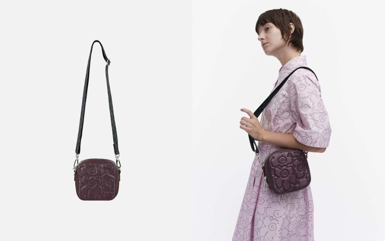 マリメッコ“ウニッコ柄”ステッチのレザーバッグ、ワインレッドorライト