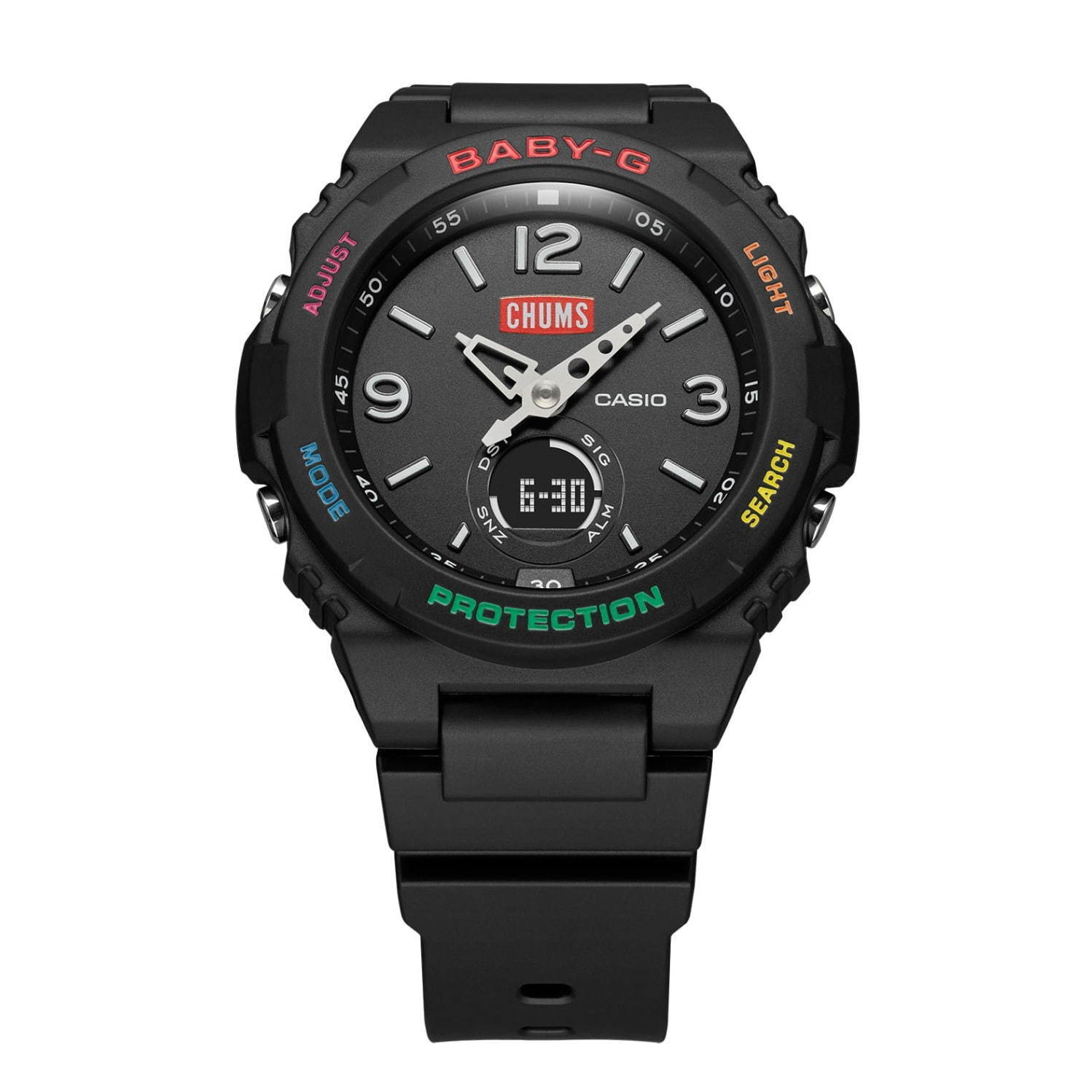 BABY-G×チャムスの腕時計、レインボーカラーをフェイスに - “寝袋型