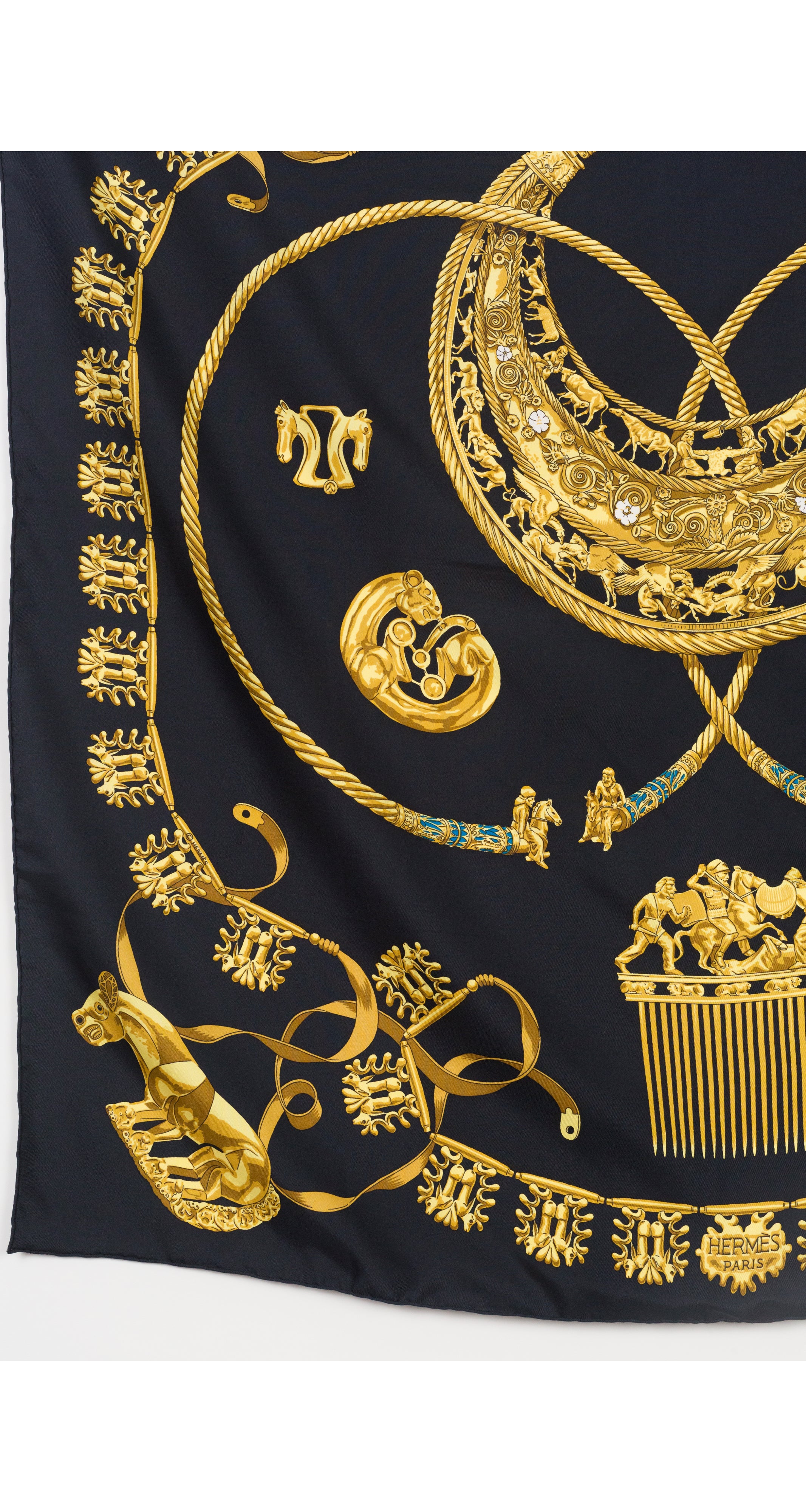 Hermès 1975 Les Cavaliers D'Or by Rybal 90cm Scythian Black Silk