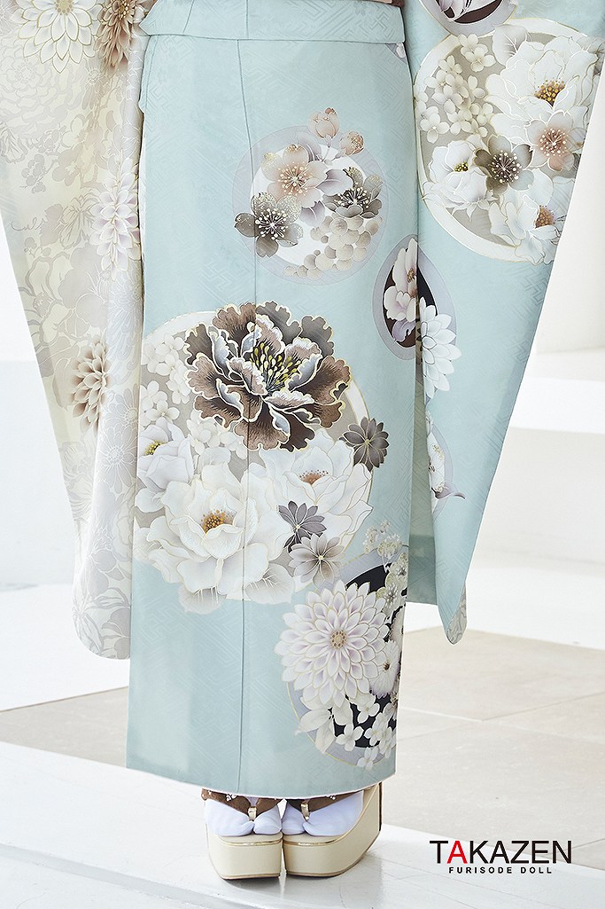 くすみカラー古典 ミントグリーン/淡色 牡丹柄 ダスティーカラー 大人