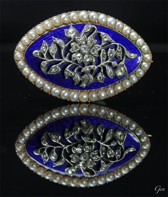 ブルーギロッシュエナメル ダイヤモンド ブローチ ｜アンティーク