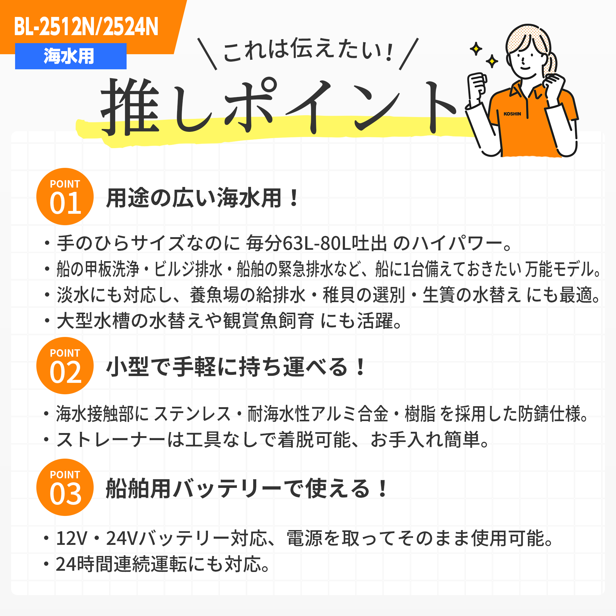 海水用水中ポンプ マリンペット BL-2512N(BL-2512N-AAA-2) BL-2512N