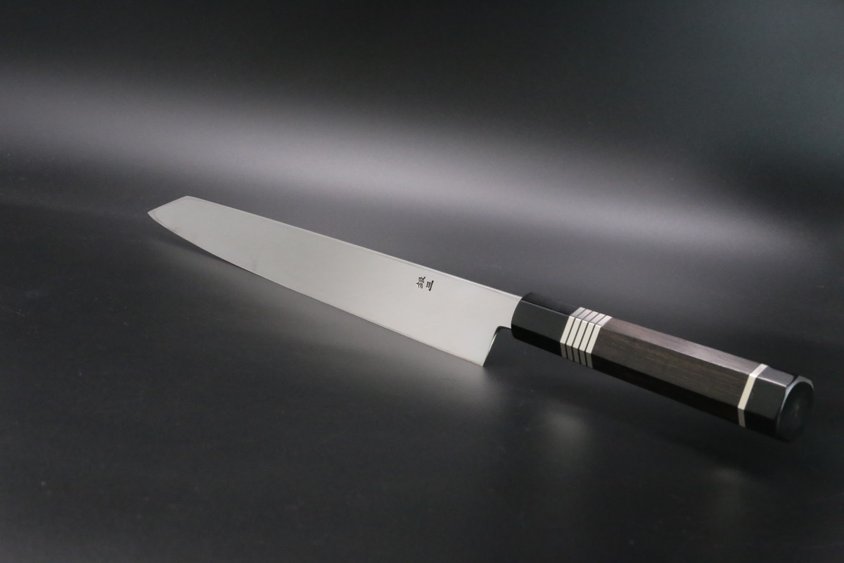 切付柳刃 銀三 330mm 鍛造 表鏡面仕上げ 黒檀柄 鞘付き-歌舞伎ナイフ