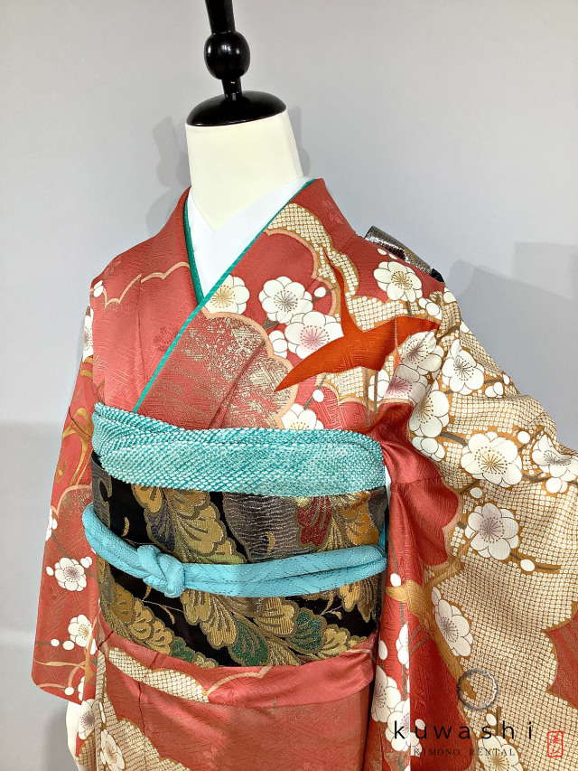 正絹振袖レンタル】 80027 朱赤地光琳鶴に梅正絹振袖袋帯セット