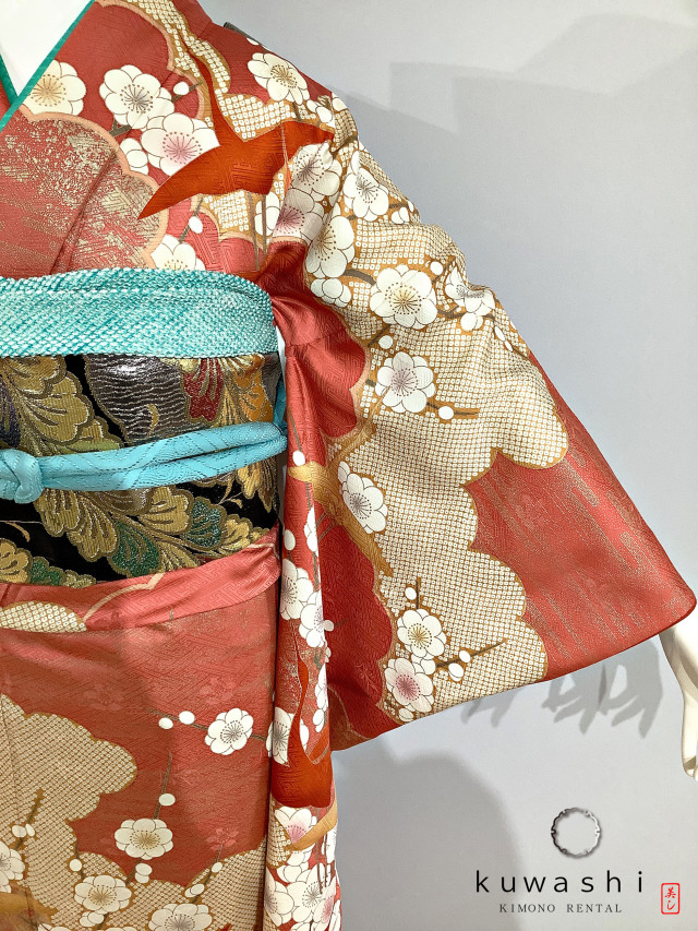 正絹振袖レンタル】 80027 朱赤地光琳鶴に梅正絹振袖袋帯セット