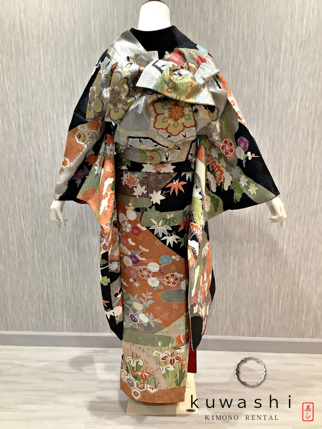 正絹振袖レンタル】 80034 黒地吉祥四季花御所車正絹振袖袋帯