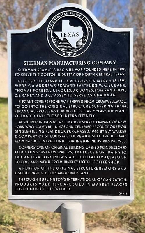 Sherman Manufacturing Company Historical Marker