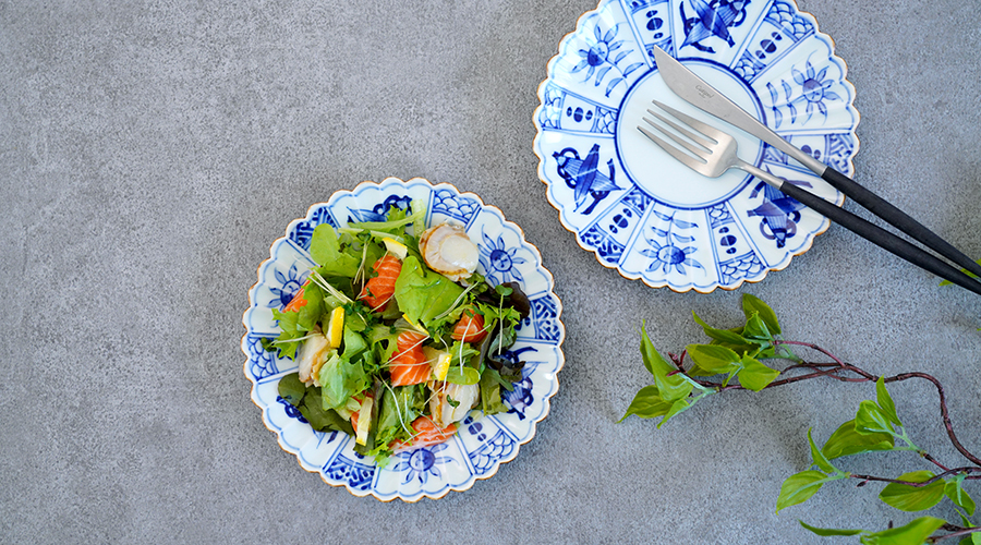 渕サビ芙蓉手菊型18cmプレート［梶謙製磁社］│ケーキ皿や取皿に