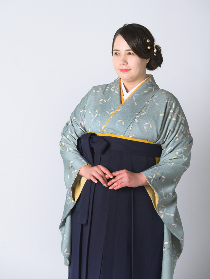 袴レンタル｜卒業式｜プラスサイズ 17号～33号｜グレーグリーン 七宝文