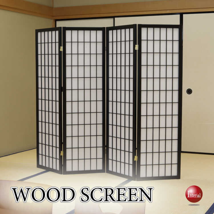 OT-1486 天然木製衝立てパーティション4連｜和風・パイン＆不織布