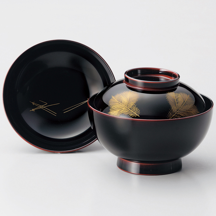 雑煮椀 朱/溜 沈金若松 漆塗り 12-01203/01204 漆器の井助