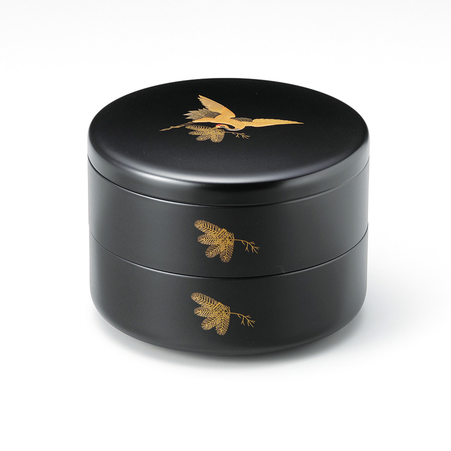 松くい鶴 丸二段重箱 黒 11-16203【製造中止】 漆器の井助