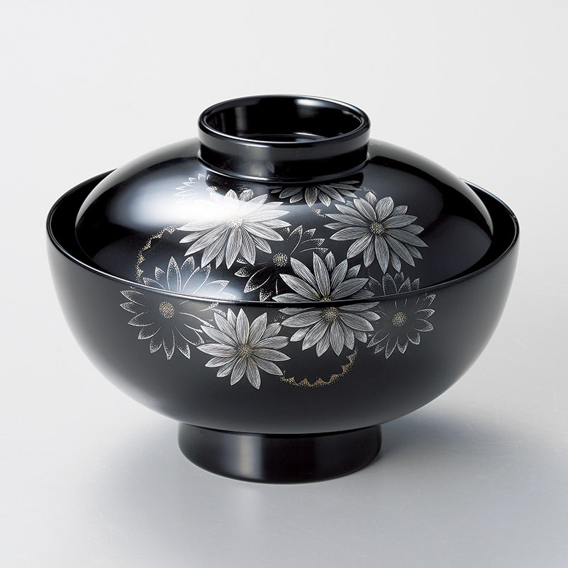 吸物椀 沈金和菊彫 黒 漆塗り 漆器の井助