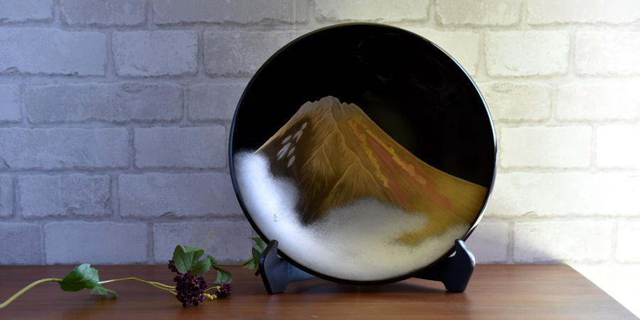 飾り皿 黒 金富士 木製 漆塗り 絵皿 インテリア 漆器の井助