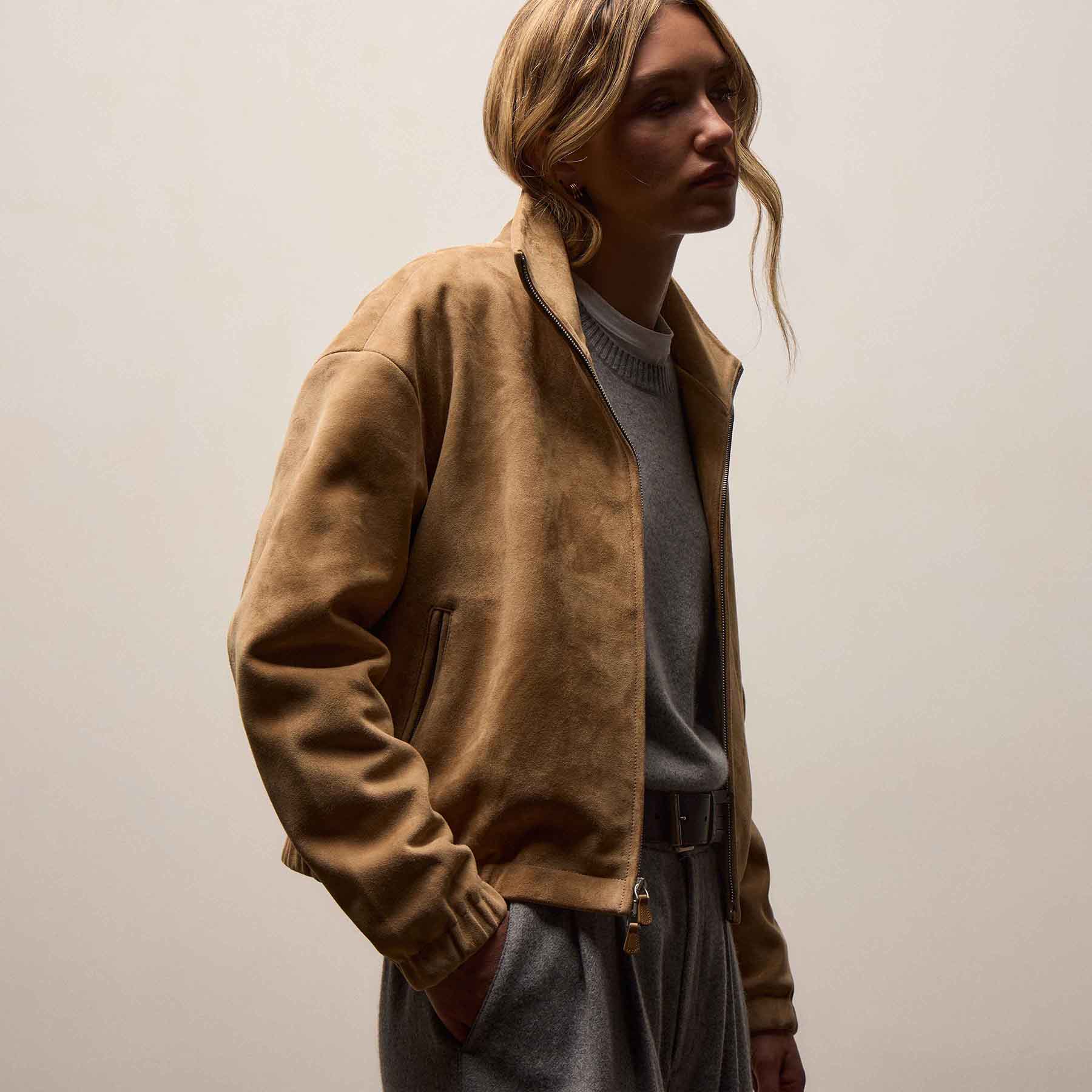 Suede Bomber Jacket - Sand | James Perse Los Angeles