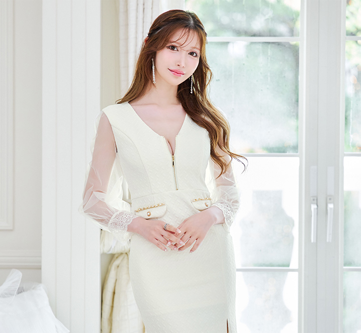 シアースリーブワッフルジップアップタイトミニドレス/キャバドレス