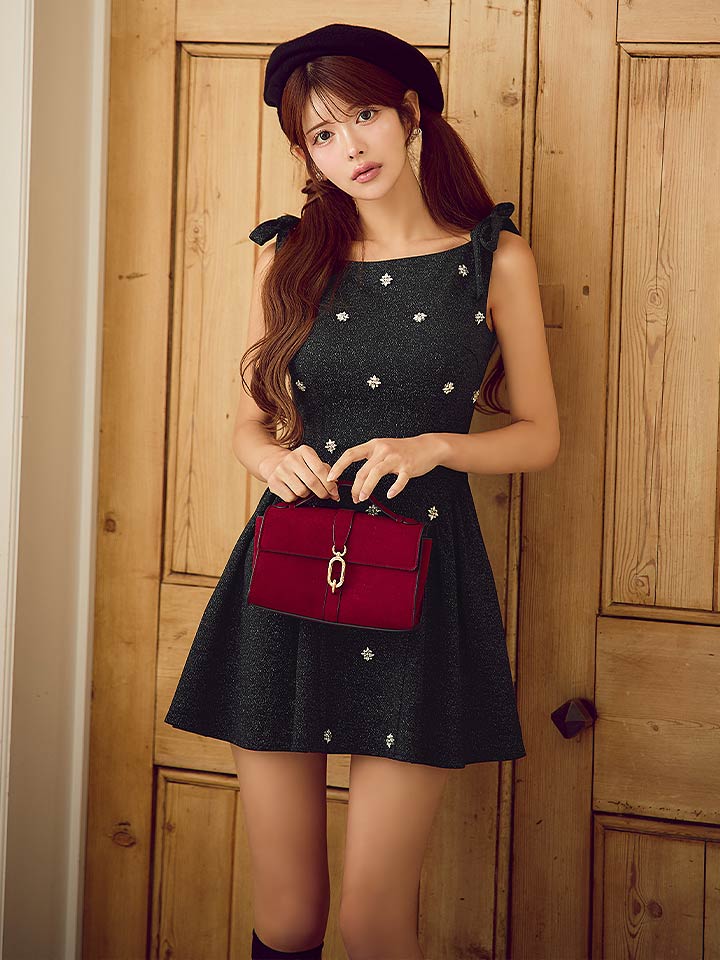 ショルダーリボンビジューフレアミニドレス/キャバドレス【XS-Mサイズ