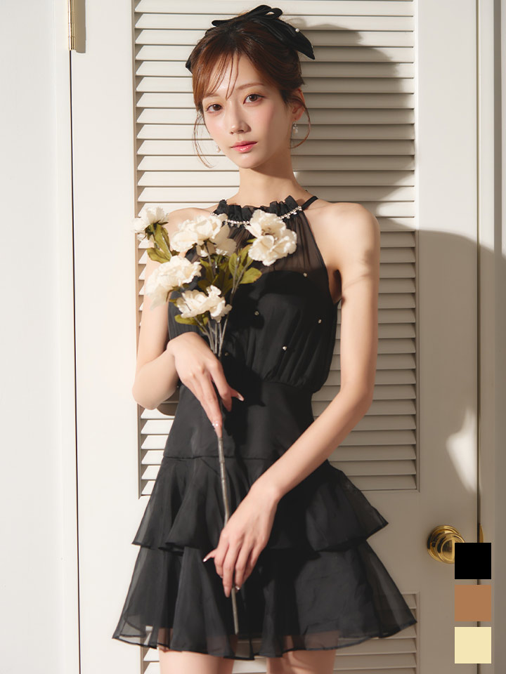 送料無料！アメスリビジューティアードフレアワンピース/キャバドレス