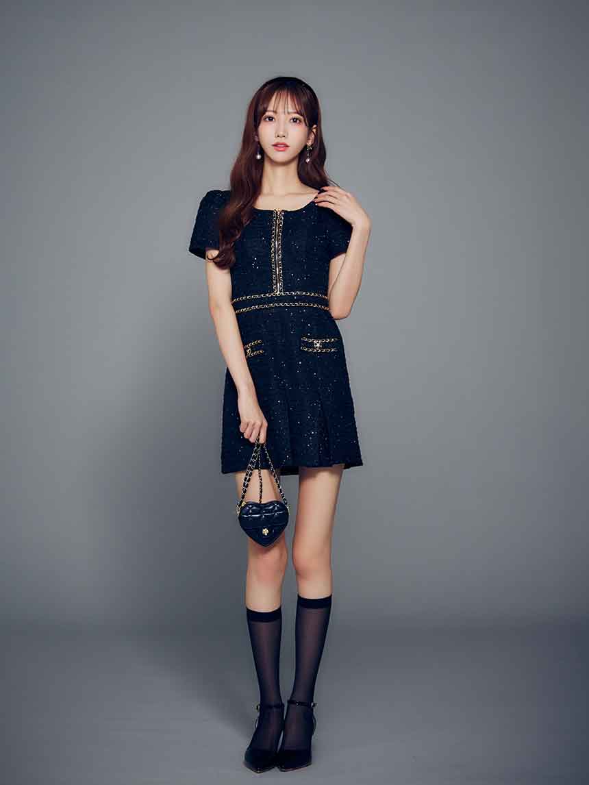 ツイードチェーンプリーツミニドレス/キャバドレス【SB】【XS-XLサイズ