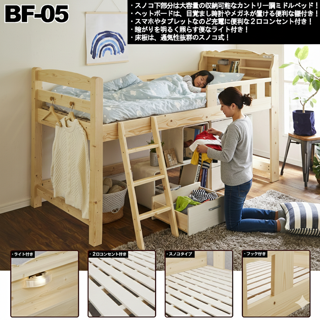 宮付！ライト付！2口コンセント付！ロフトベッド！ | 家具全般のネット