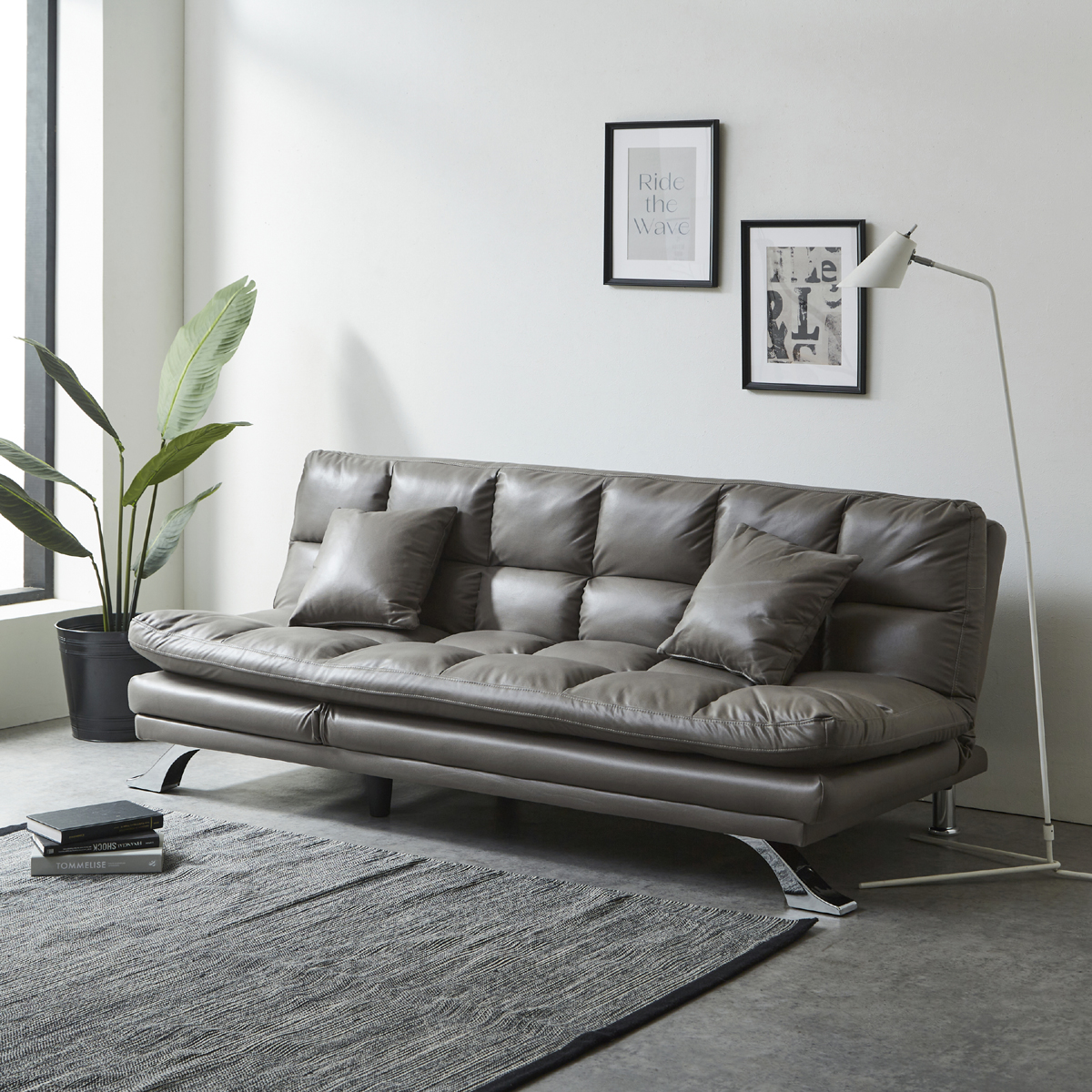 3WAYソファベッド ファブリックレザー シンプル クッション付き | 家具