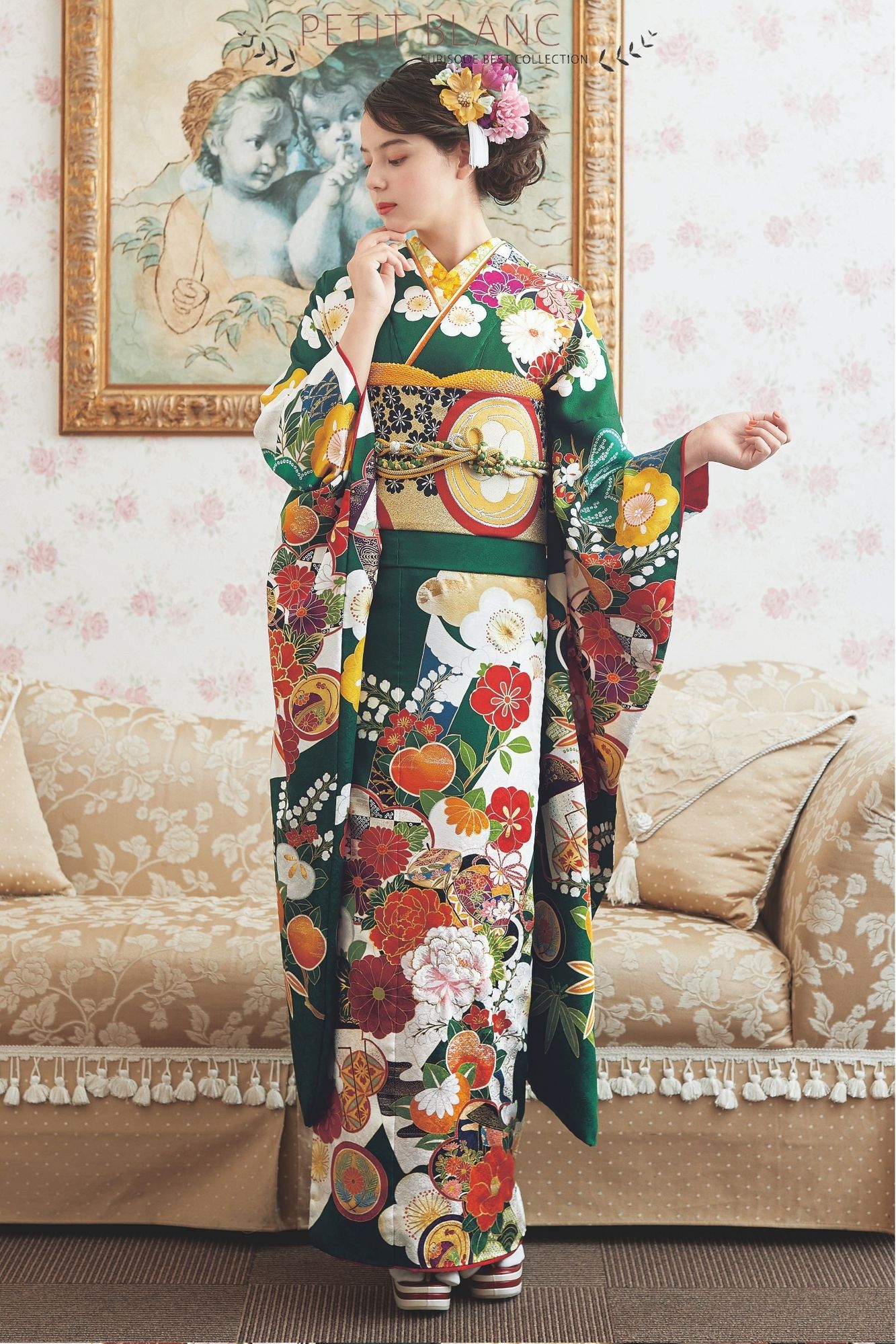 緑に咲く繊細な花柄が映える華やか古典振袖｜ビタミンカラーが若々しい一着