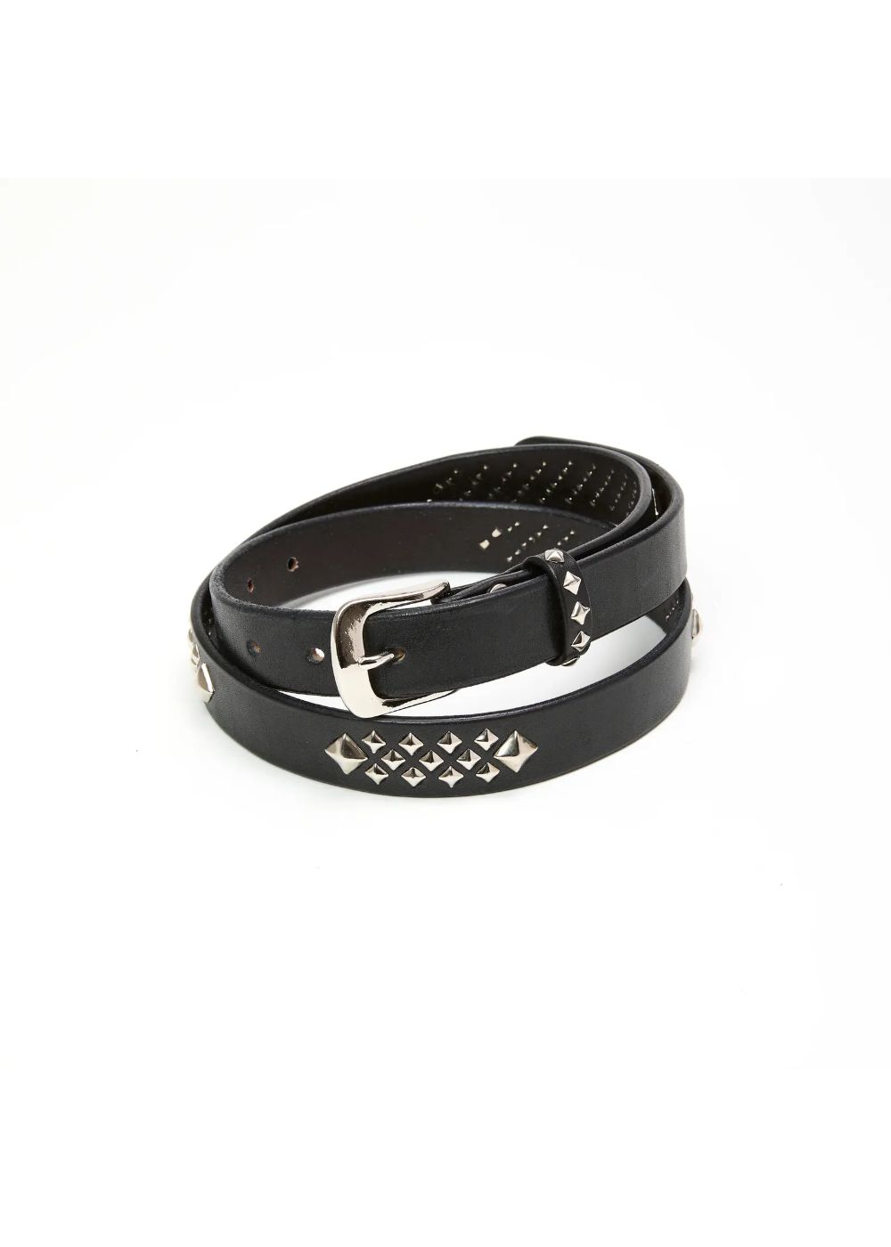 CALEE - STUDS LEATHER NARROW LONG BELT (BLACK) / スタッズ レザー