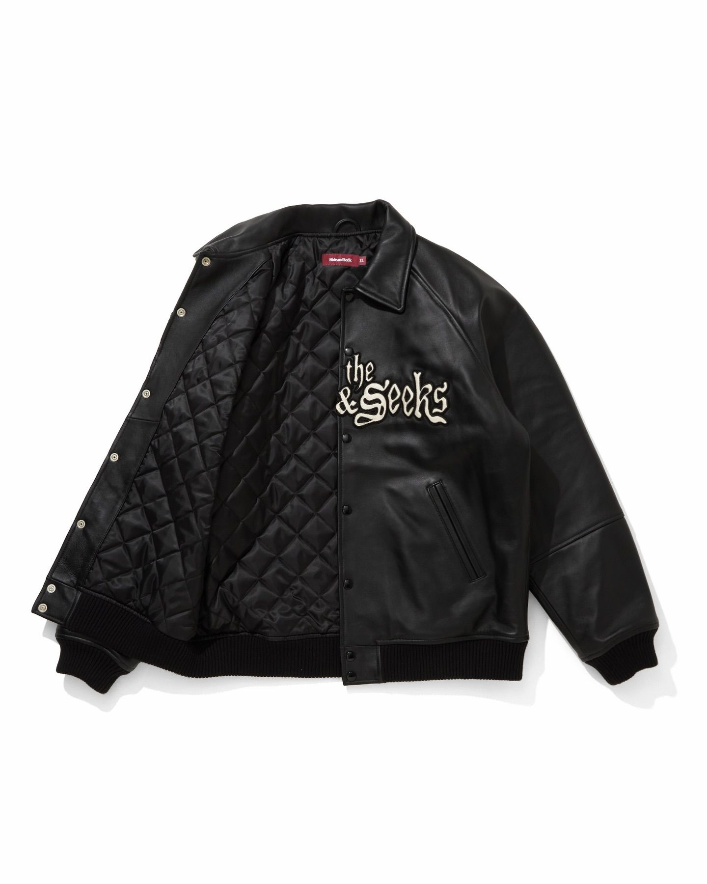 HIDE AND SEEK - Leather Varsity Jacket (BLACK/WHITE) / 西浦徹