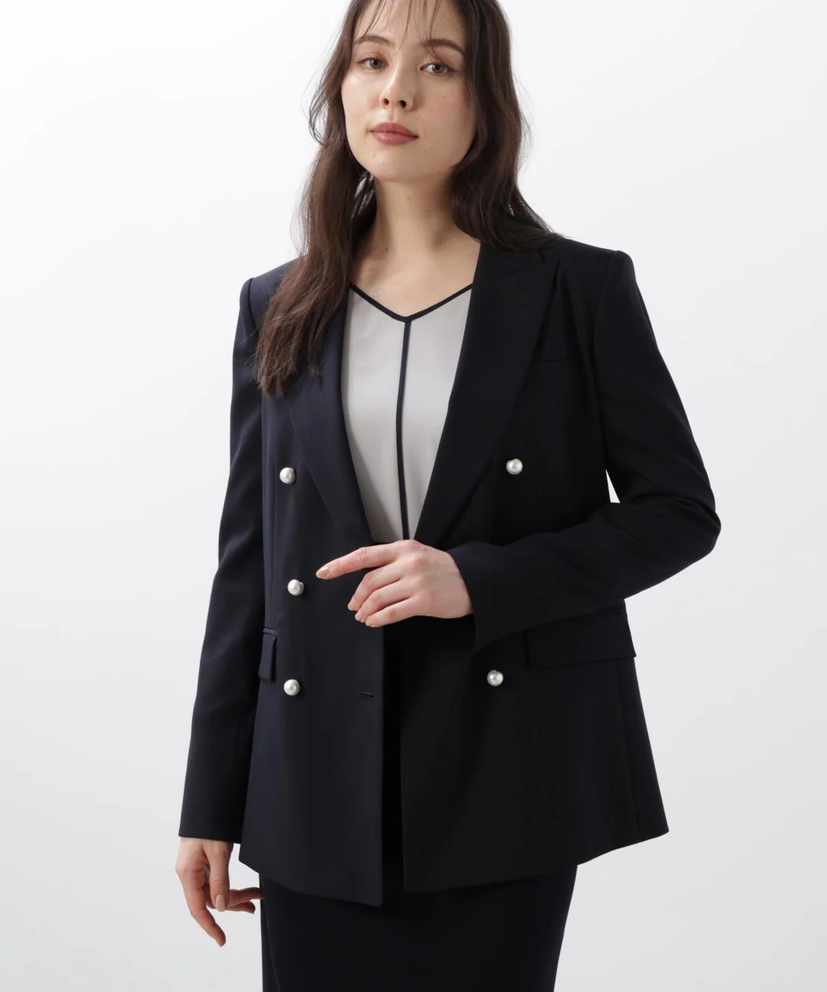 PINKY&DIANNE - ダブルブレストジャケット (ネイビー) / ポリエステル