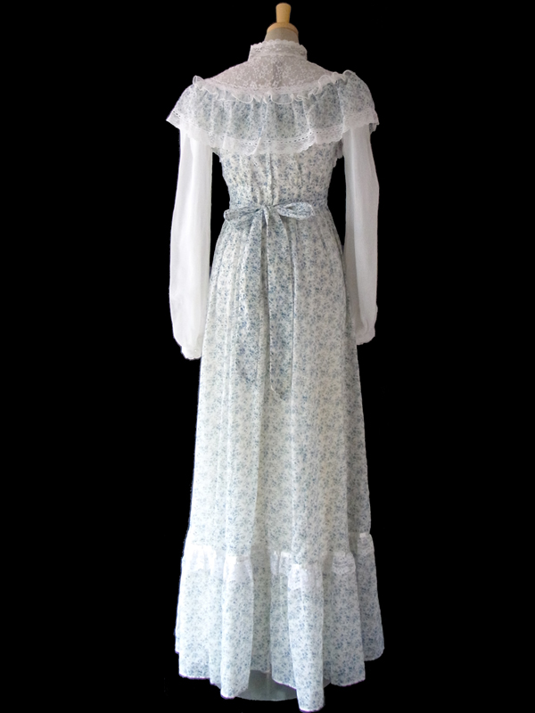 送料無料】70年代アメリカ製 GUNNE SAX ホワイト X 水色 花柄・レース