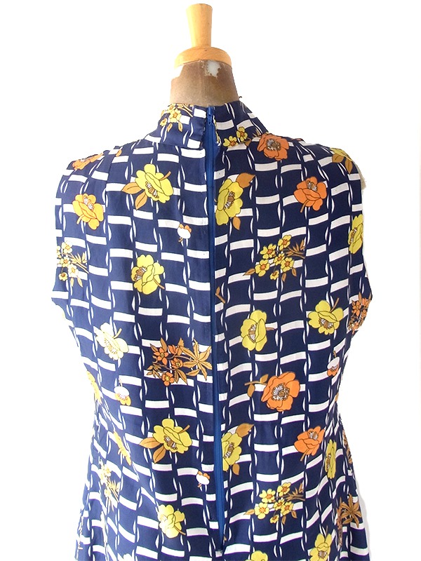 送料無料】フランス買い付け 70年代製 ネイビー X カラフル花柄