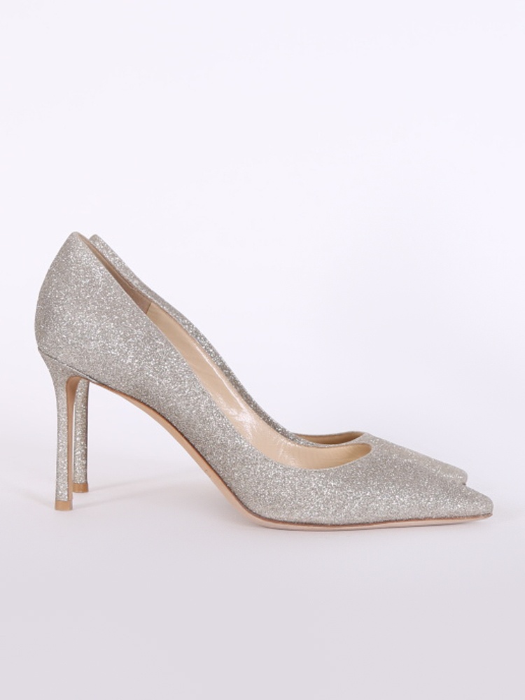 Jimmy Choo - Romy 100 Dusty Glitter Pointy Toe Pumps Platinum Ice