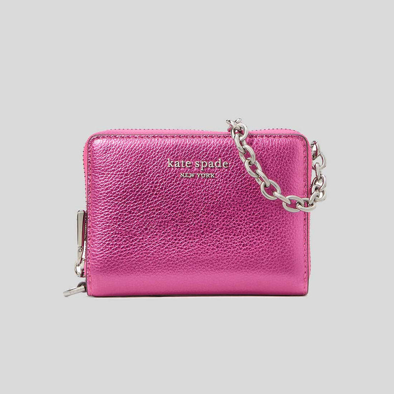 KATE SPADE Natasha Metallic Pebbled Leather Chain Compact Wristlet Bik