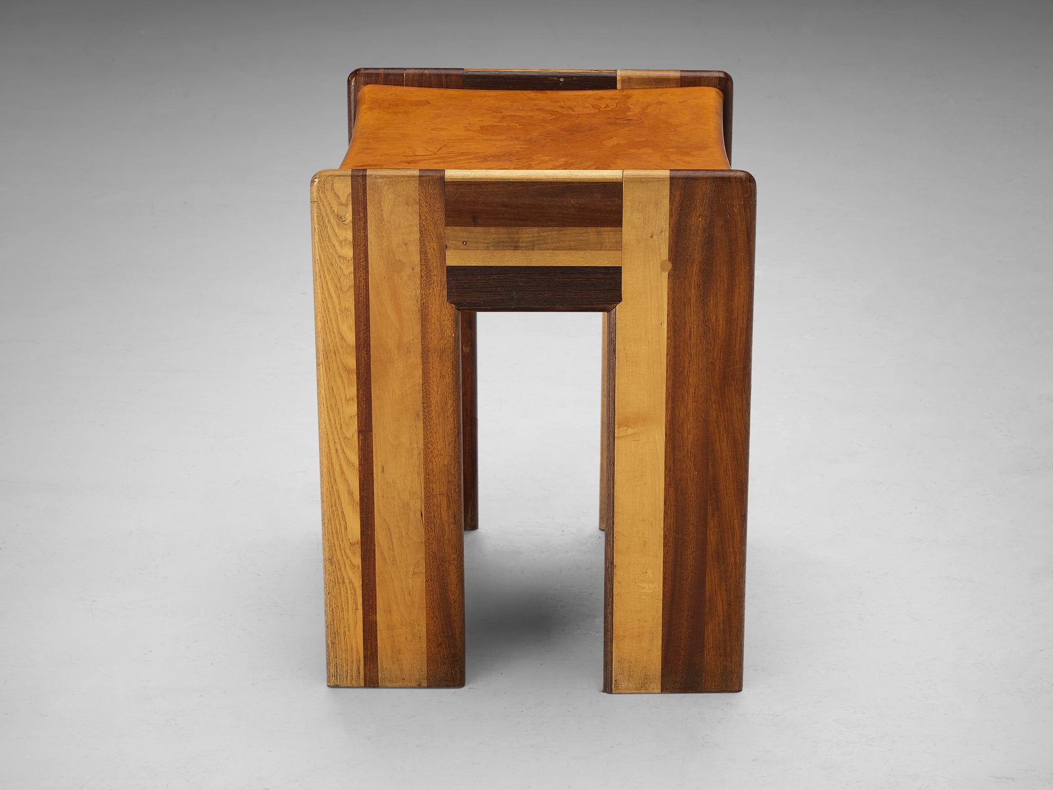 Afra & Tobia Scarpa 'Benetton' Stool in Mixed Wood and Cognac Leather