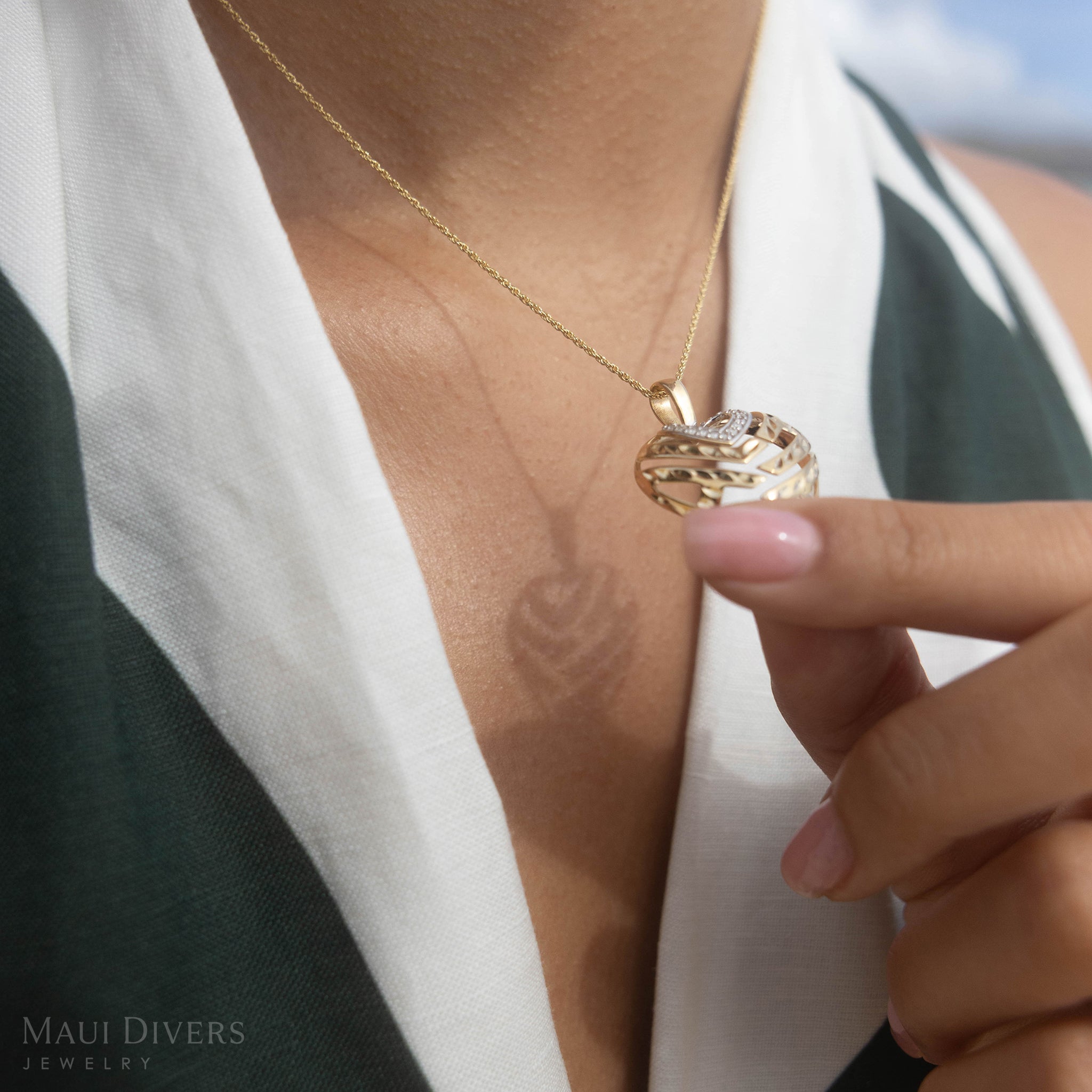 Aloha Heart Pendant in Two Tone Gold with Diamonds - 24mm