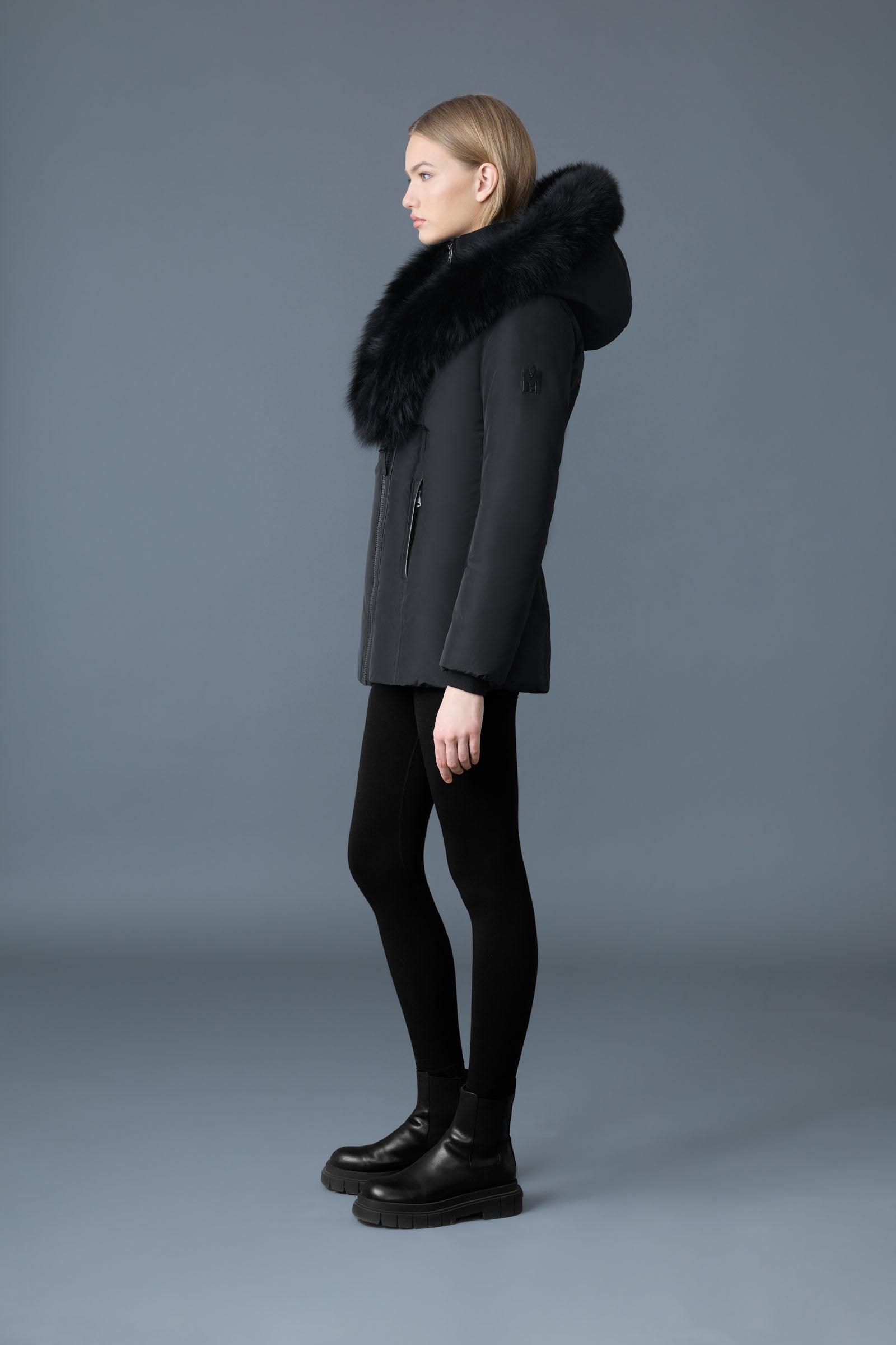 Adali-BX, Down coat with blue fox fur Signature Mackage Collar for