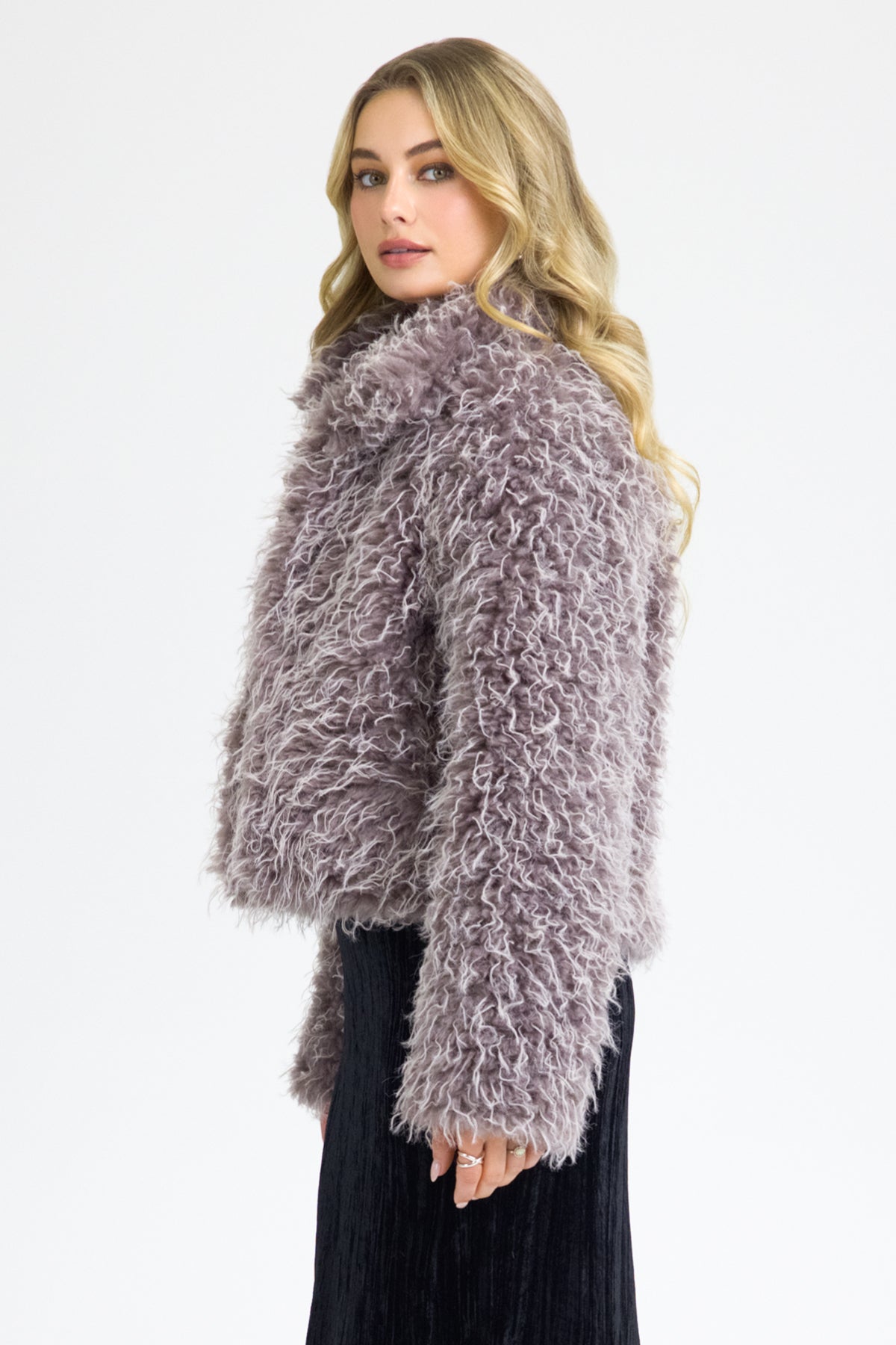 Lorelai Shaggy Fur Jacket | Only $118.00 | Taupe Beige, Purple
