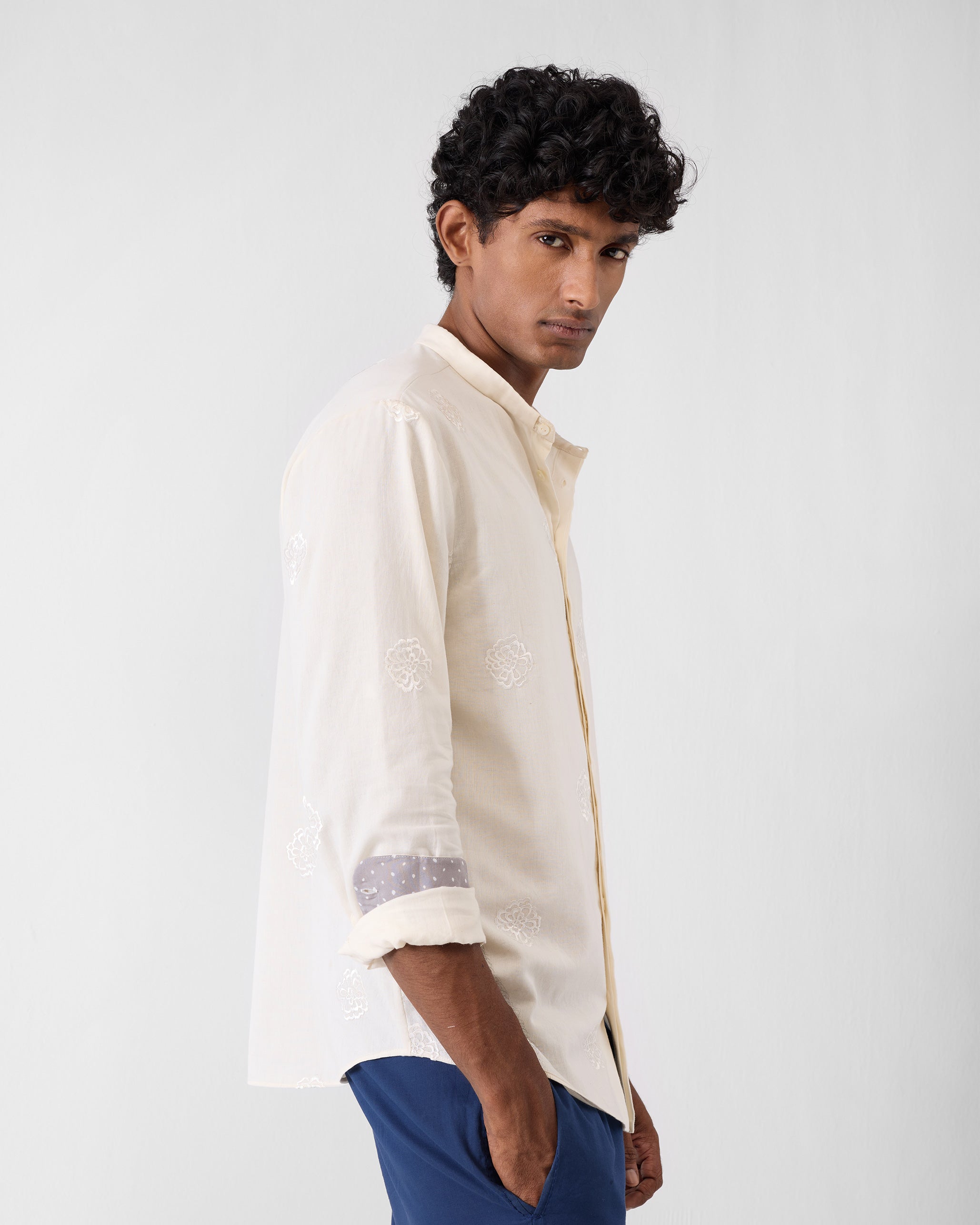 Band Collar Shirt - Ivory Embroidered – Nicobar