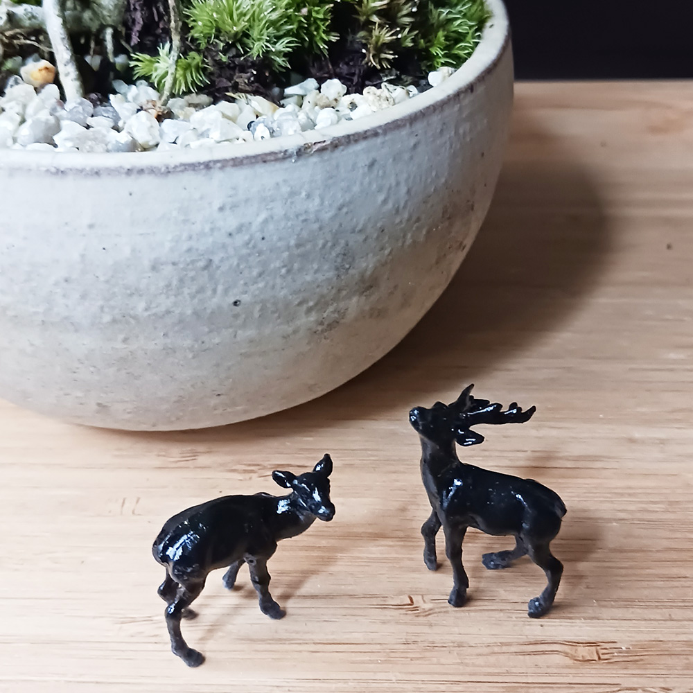 ミニチュア 添配 盆景 蝋型鋳物 鹿（シカ）対 銅製 夫婦 オス メス