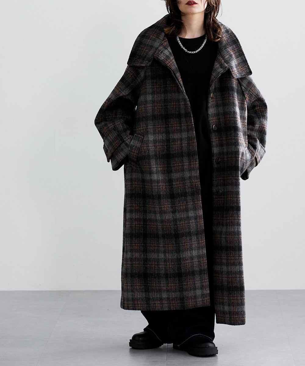 チェック柄スタンドカラーゆったりサイズコート ［Soiunique］ 通販