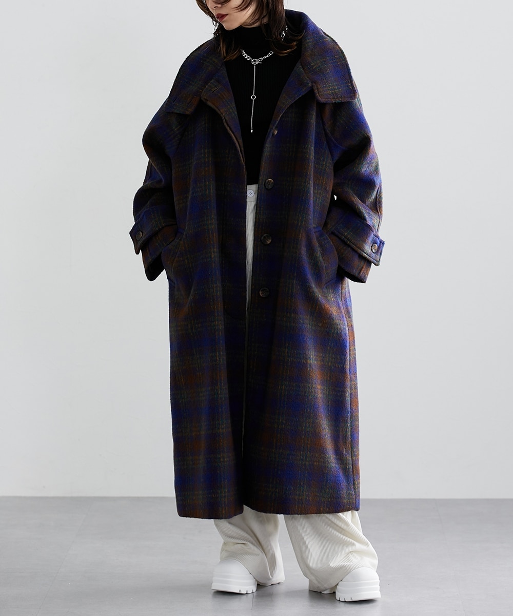 チェック柄スタンドカラーゆったりサイズコート ［Soiunique］ 通販
