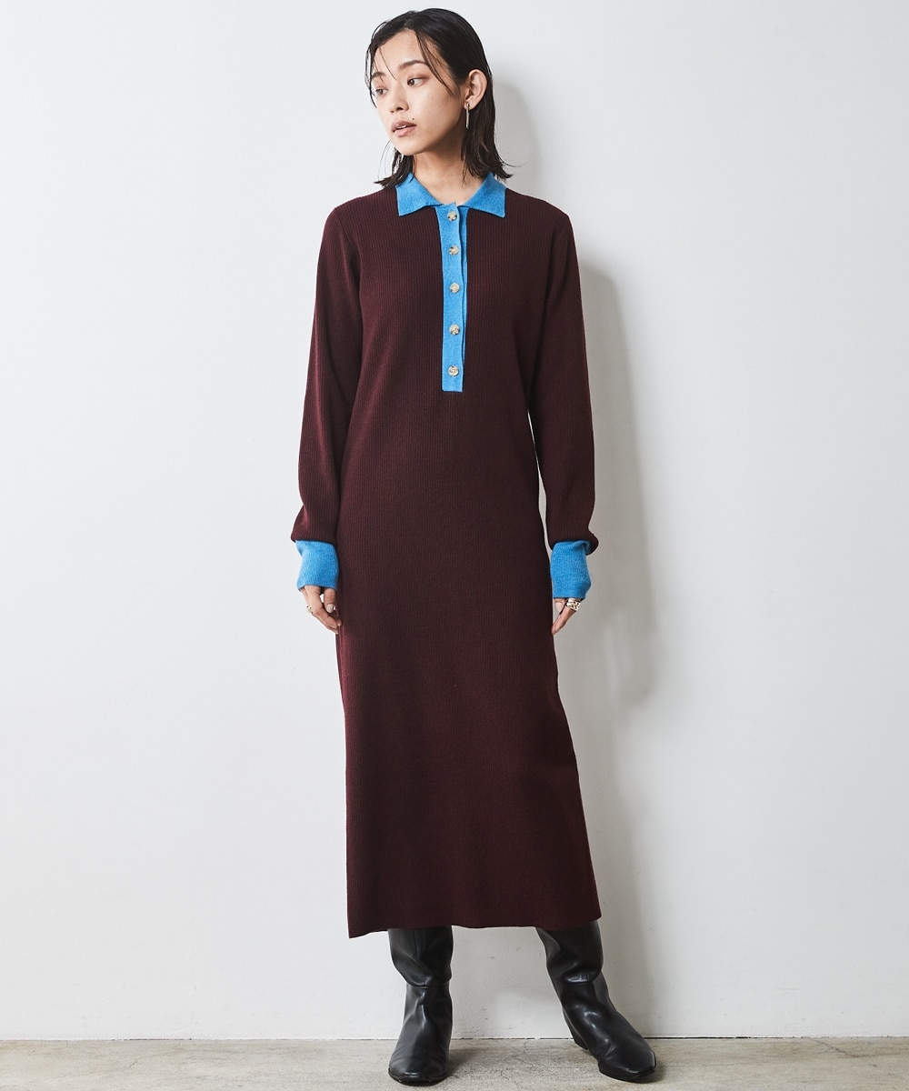 ポロ衿ニットロングワンピース＜大きいサイズ有＞シックスタイル 通販