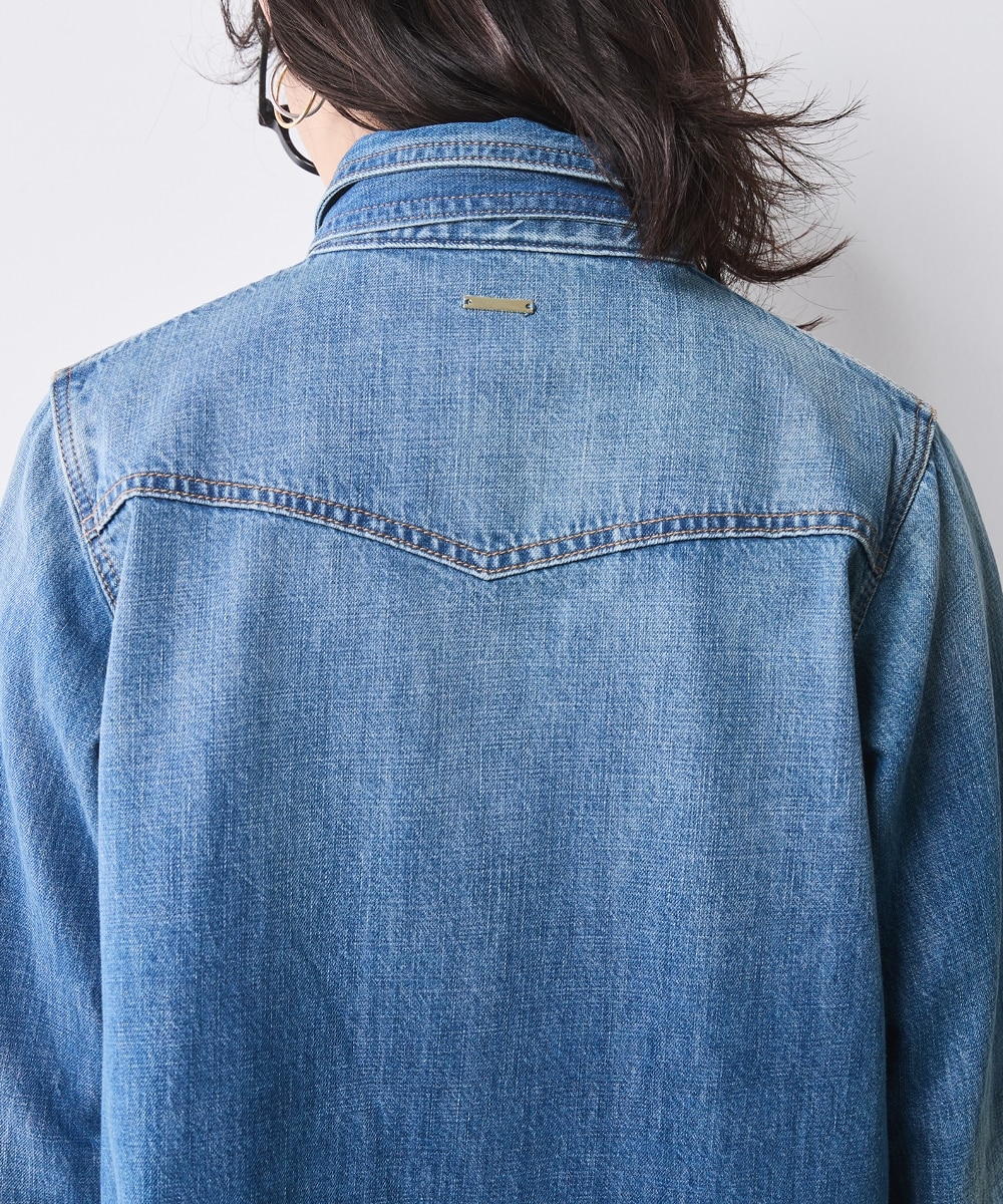 綿100％ライトオンスデニムリボンタイ付シャツ＜大きいサイズ有