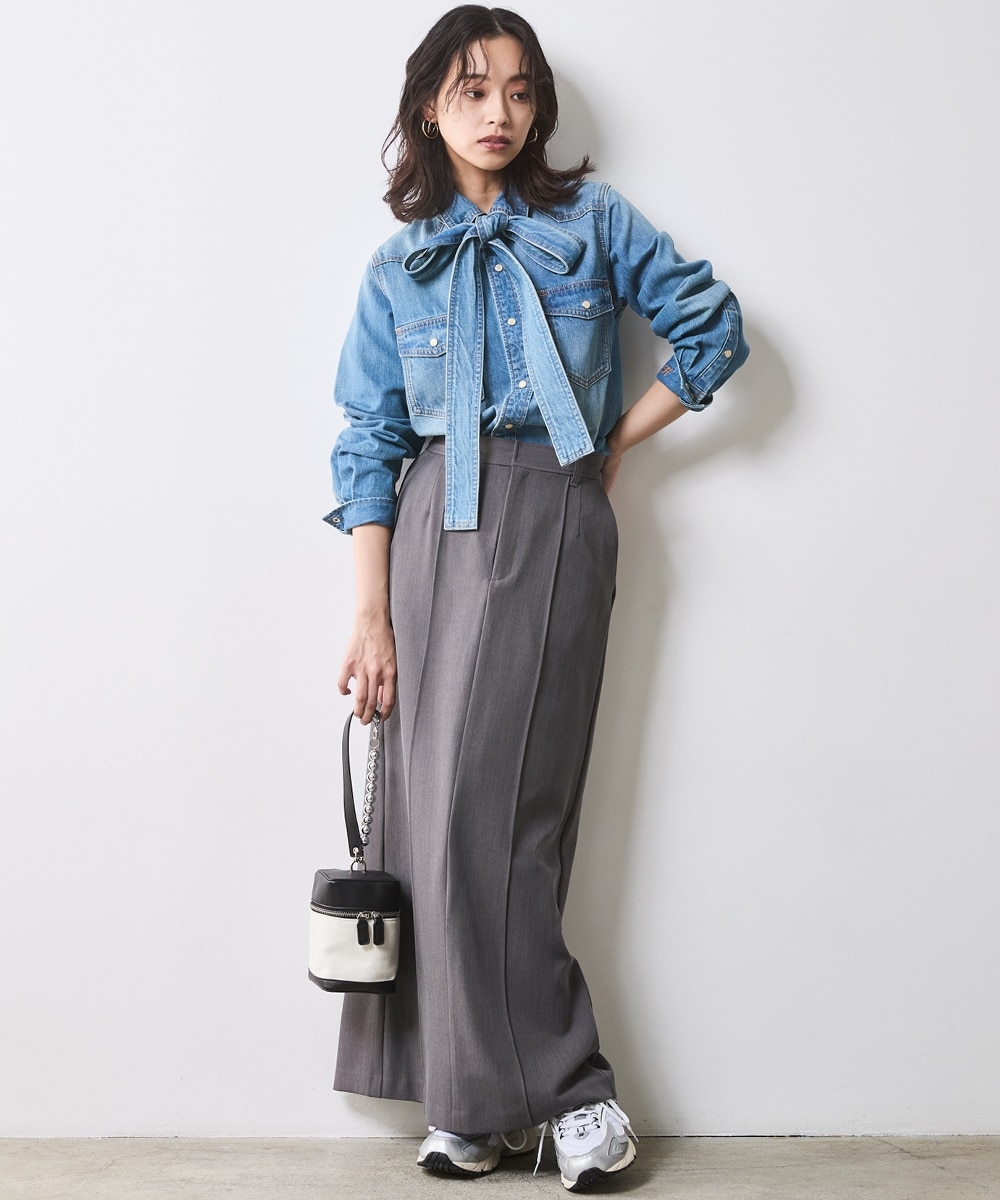 綿100％ライトオンスデニムリボンタイ付シャツ＜大きいサイズ有