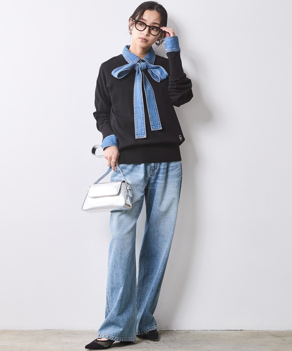 綿100％ライトオンスデニムリボンタイ付シャツ＜大きいサイズ有